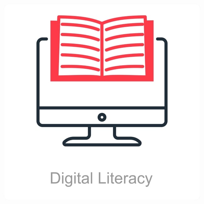 A stark, black, red and white icon-like illustration featuring an open book atop a computer monitor, above the words "Digital Literacy."