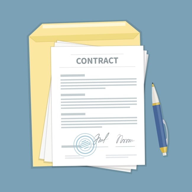 An illustration of a document that says "Contract" at the top, atop a folder and next to a pen.