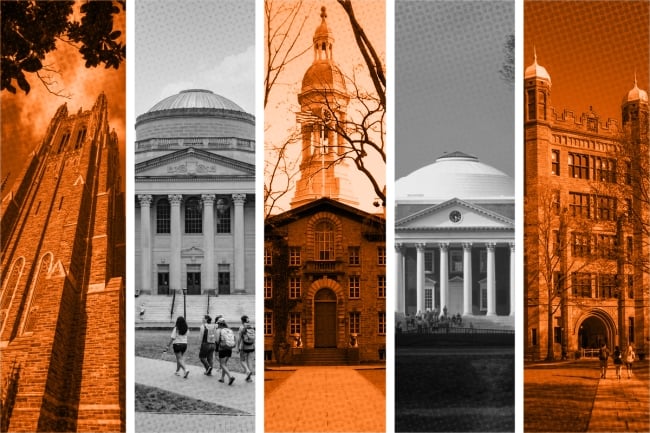 Five colleges in alternating orange and grayscale