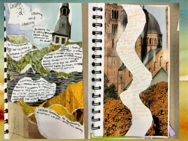 A student notebook with cutouts of photos and magazine pages with notes in between