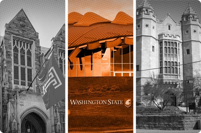 Three campuses in gray and orange