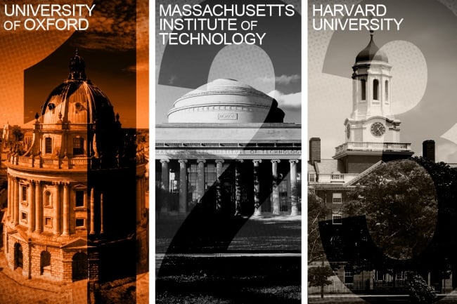 Spliced image of Oxford, MIT and Harvard