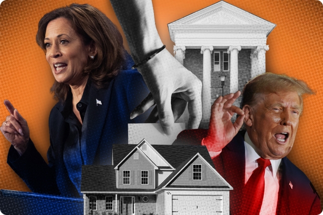 Orange background, in the foreground Kamala Harris to the left and Donald Trump to the right, as well as an image of a house and an academic building.