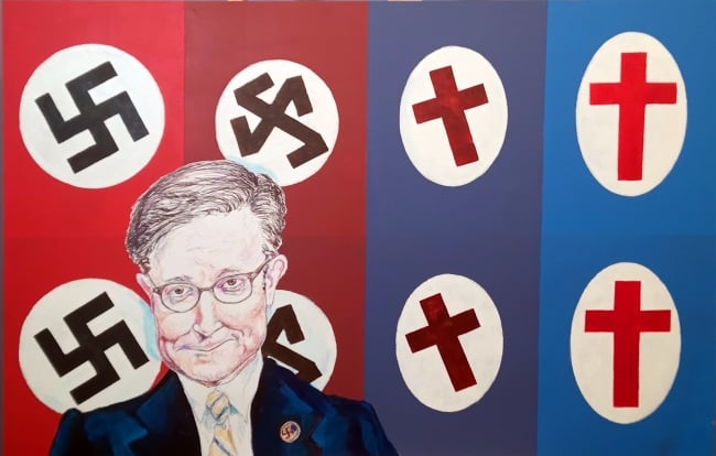 Artwork depicting U.S. House Speaker Mike Johnson in front of swastikas morphing into crosses