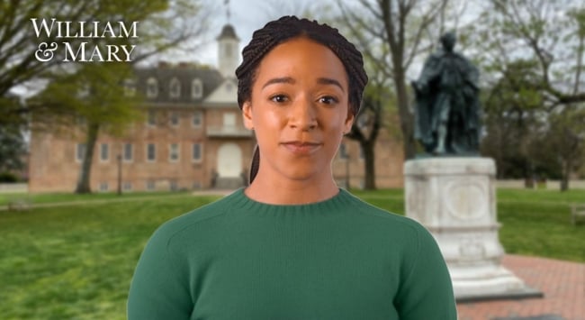 An AI image of a woman with brown skin and black hair, wearing a green top, standing in front of the Wren Building at the College of William & Mary