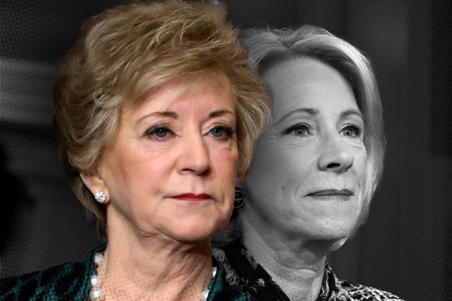 A photo illustration featuring a headshot of President-elect Trump's pick for secretary of education, Linda McMahon, in full color, juxtaposed against and in front of a grayed headshot of former secretary Betsy DeVos.