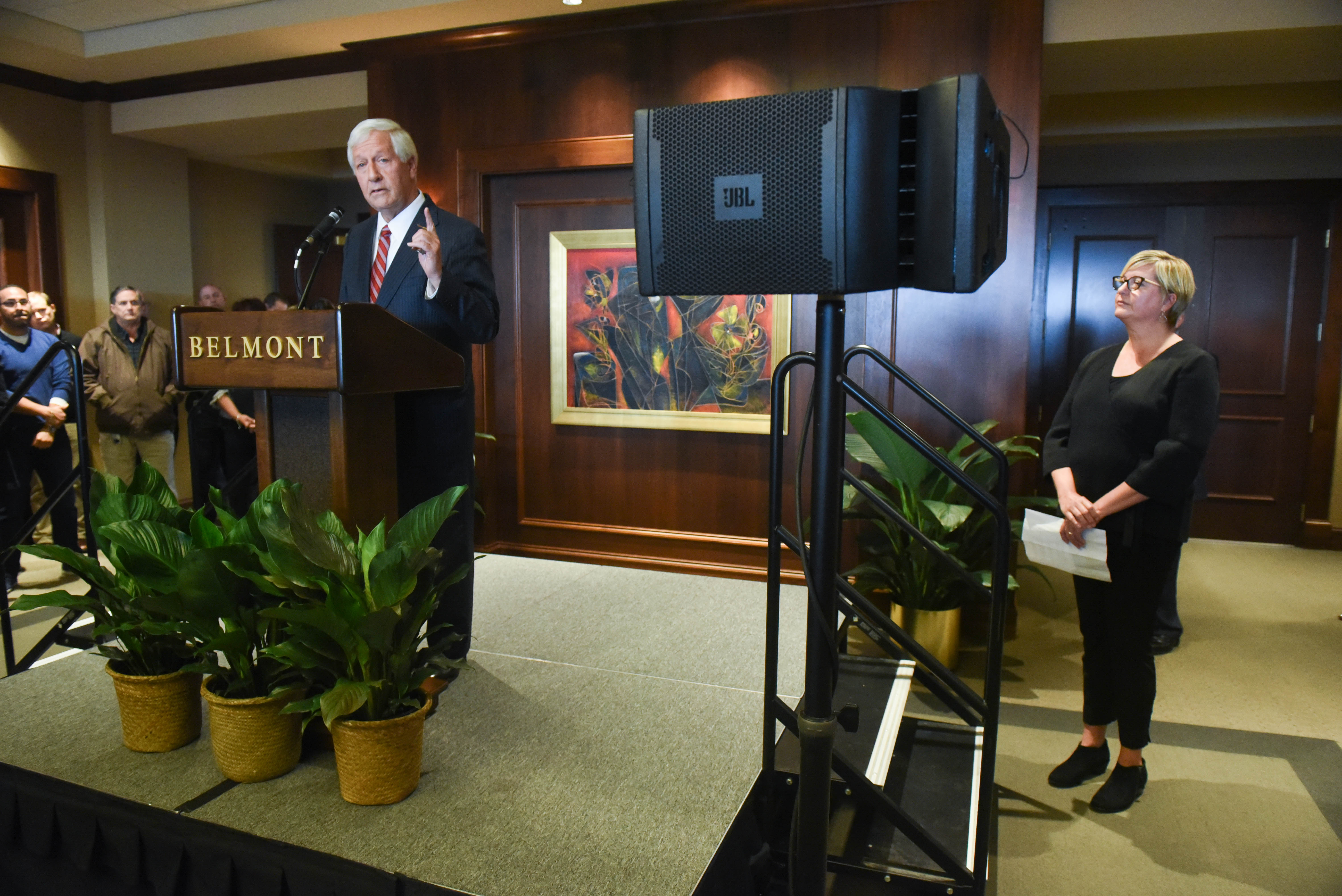 Belmont University president Bob Fisher and O'More College of Design president Shari Fox announce Belmont's acquisition of O'More.