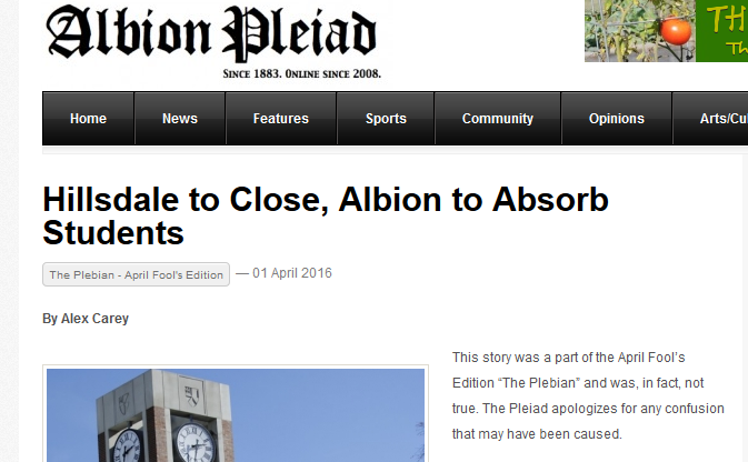 Front page of Albion Pleiad joke issue, with headline "Hillsdale to Close, Albion to Absorb Students."