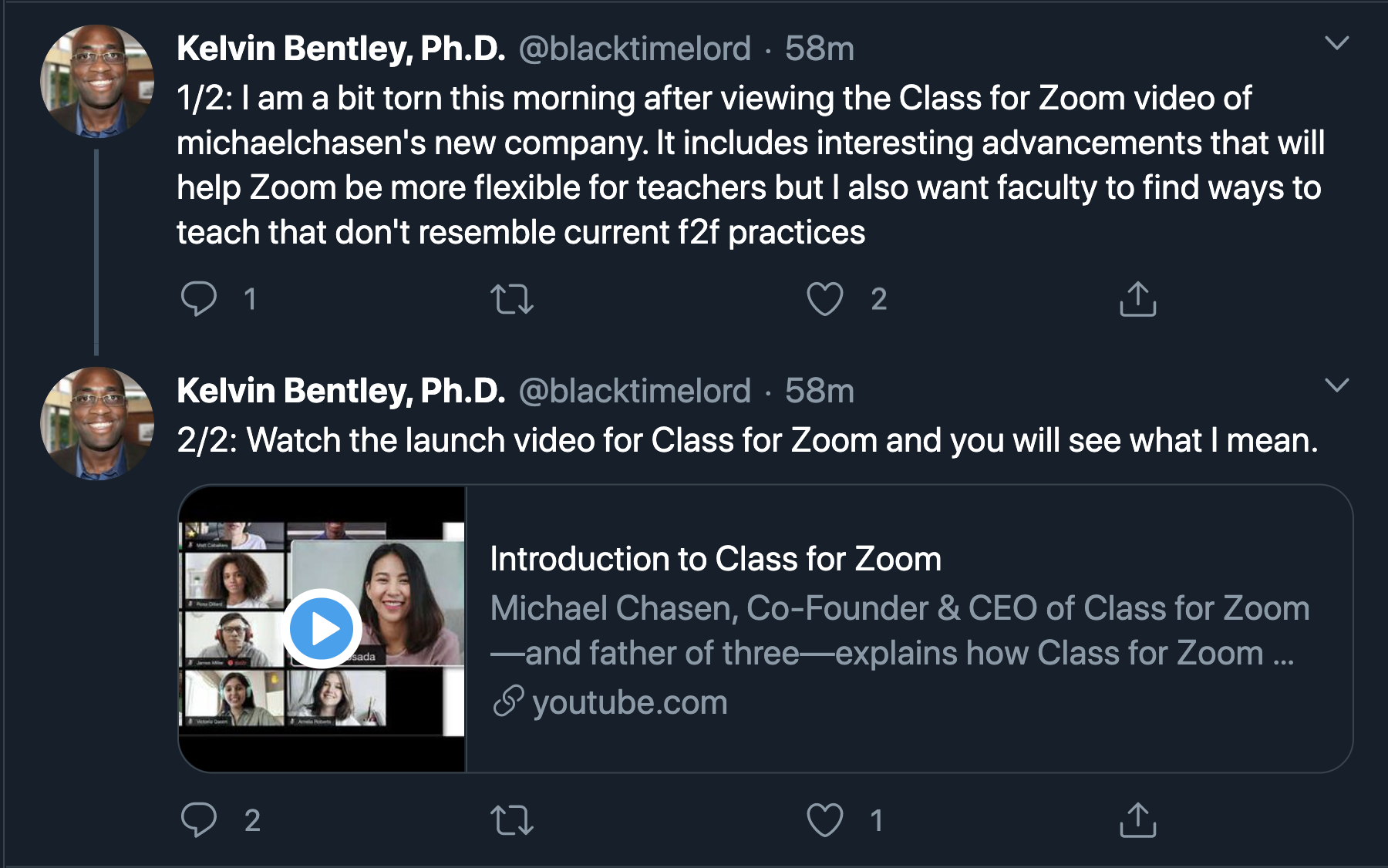 Kelvin Bentley, Ph.D. "I am a bit torn this morning after viewing the Class for Zoom video of Michael Chasen's new company. It includes intereting advancements that will help Zoom be more flexible for teachers but I also want faculty to find ways to teach that don't resemble current face-to-face practices. Watch the launch video for Class for Zoom and you will see what I mean."