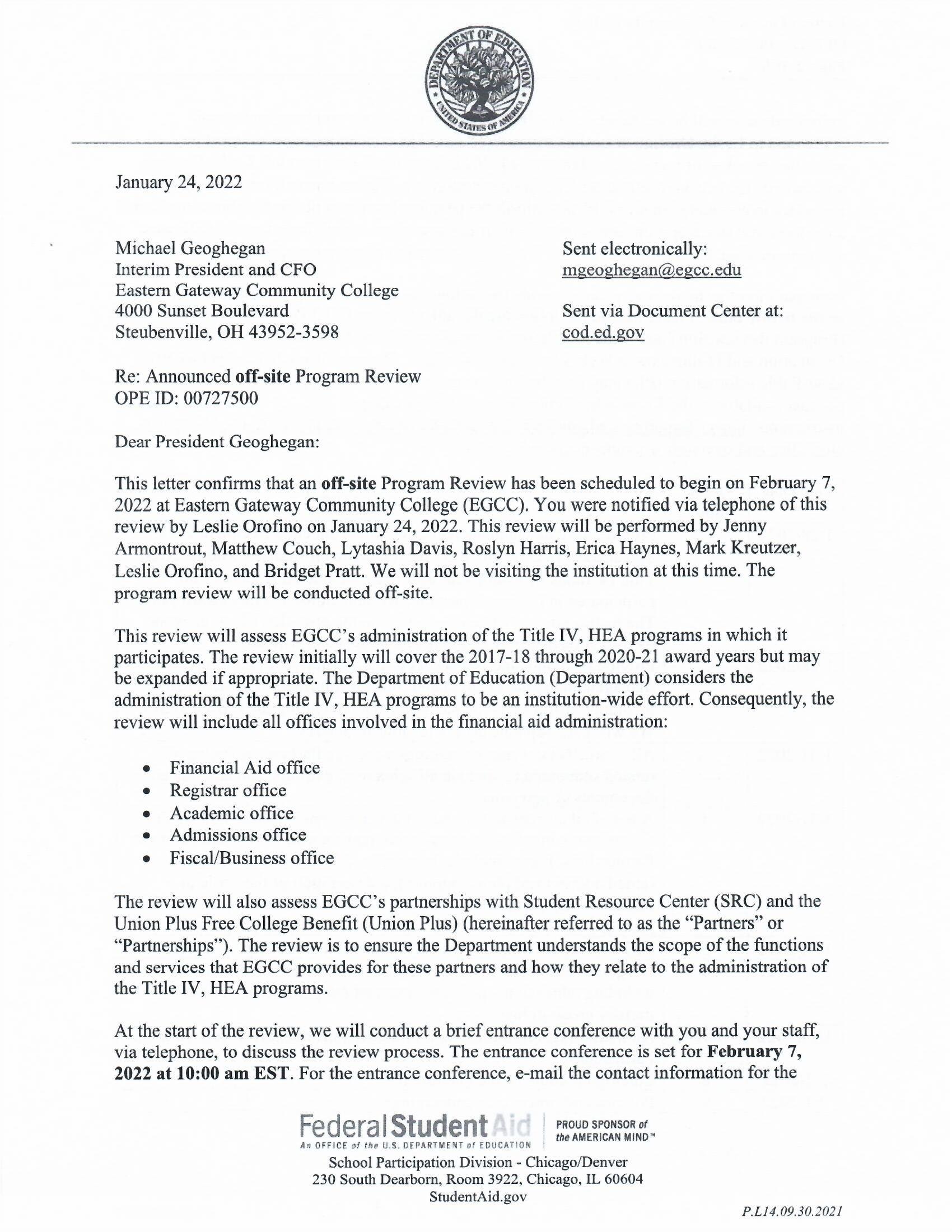 Letter from the U.S. Department of Education to Eastern Gateway Community College announcing program review.