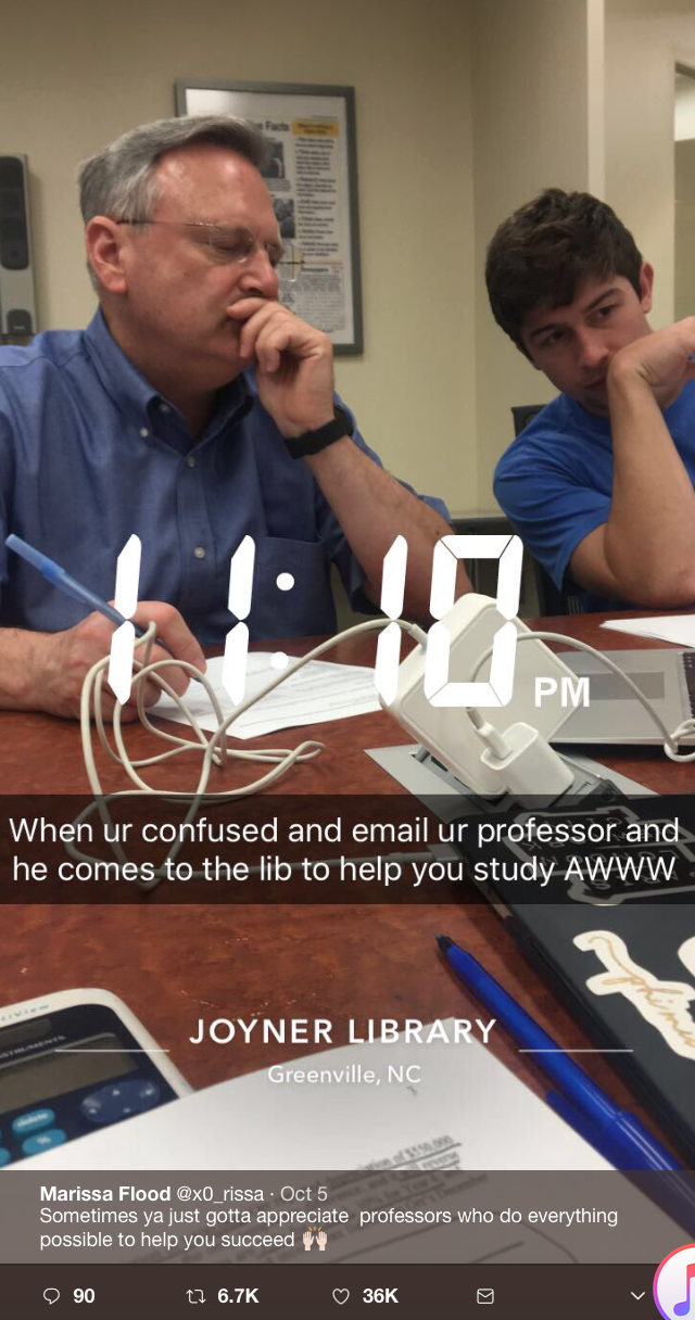 Photo of Doug Schneider, with a student, time stamped 11:10 p.m., with the caption “When [you’re] confused and email your professor and he comes to the [library] to help you study. Aw.” Photo posted Oct. 5 by student Marissa Flood from East Carolina’s Joyner Library.