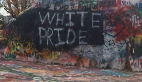 Image of a large rock spray painted with the words "White pride," among other graffiti.