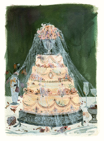 An illustration of Miss Havisham's molding wedding cake from "Great Expectations" by Charles Dickens