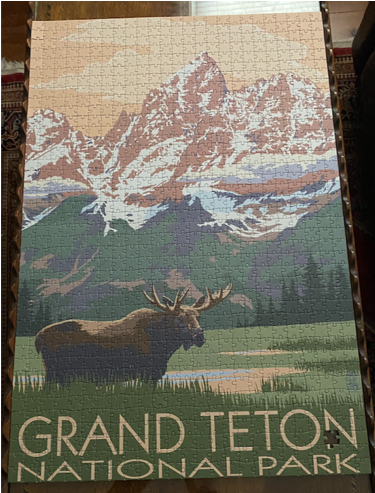 Photo of the finished puzzle, a picture of a mountain range and a moose at Grand Teton National Park.