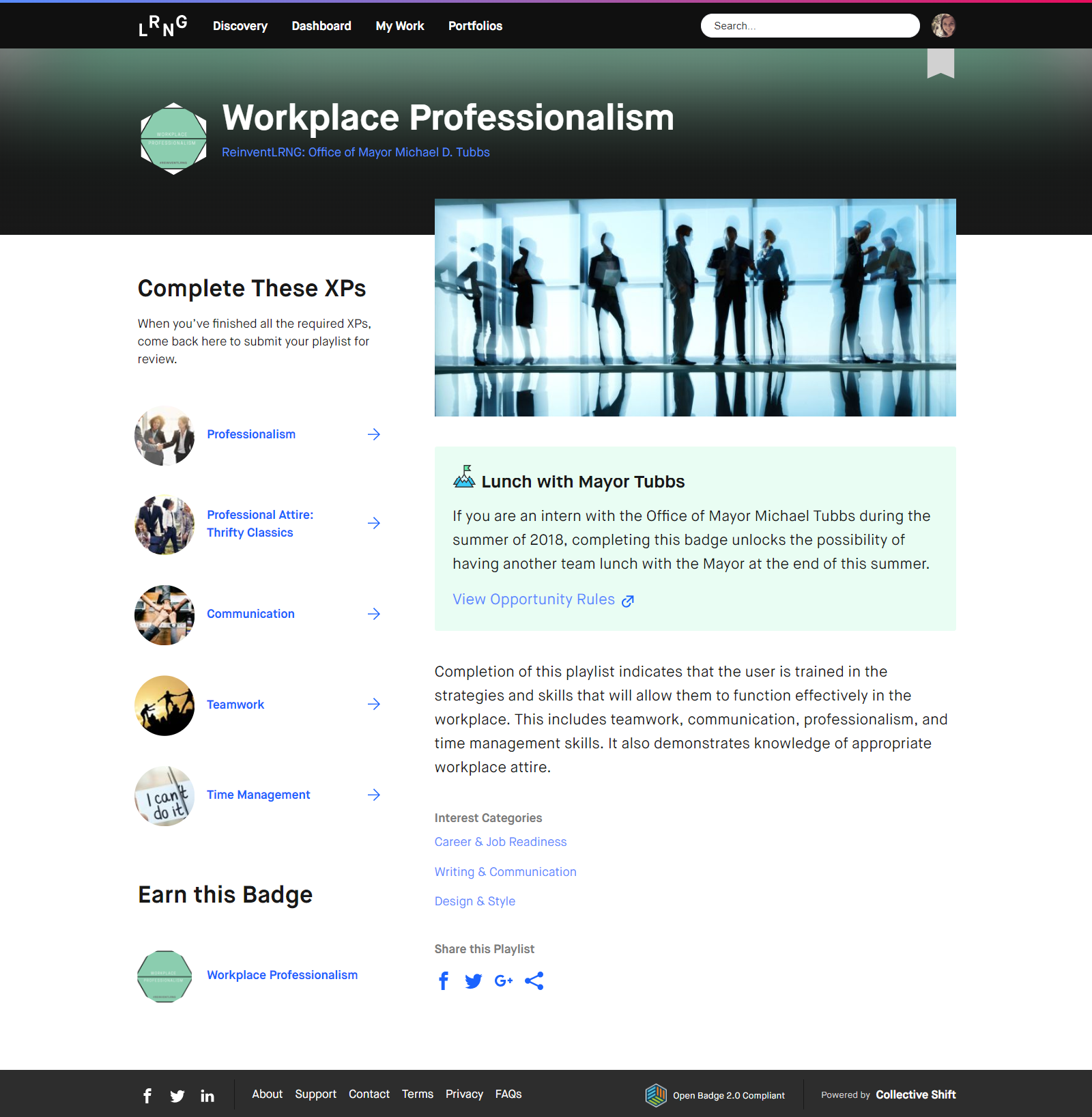 A screenshot of the "workplace professionalism" credential available through the LRNG platform. 