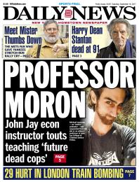 Sept. 16, 2017, cover of the New York Daily News, showing main headline "Professor Moron: John Jay econ instructor touts teaching 'future dead cops.'" Photo of Michael Isaacson wearing "antifa" T-shirt.