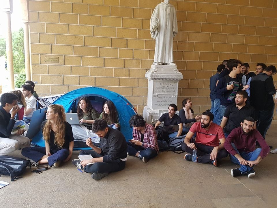 Students camp out in protest at American University Beirut.