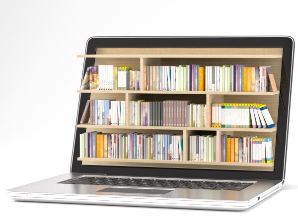 An illustration of three rows of physical bookshelves emerging from a laptop screen.